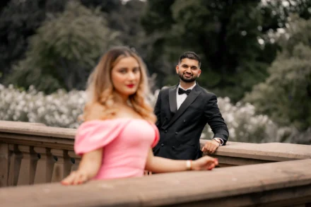 Elegant pre-wedding portrait of an Punjabi couple at Parliament in Melbourne