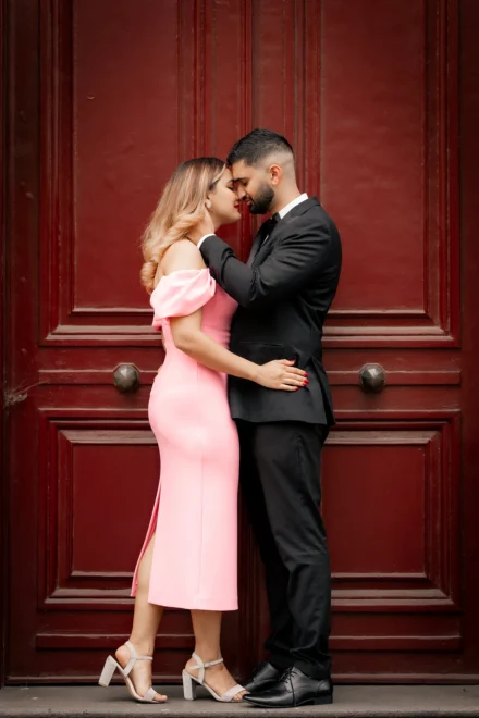 Elegant pre-wedding portrait of an Punjabi couple at Parliament in Melbourne