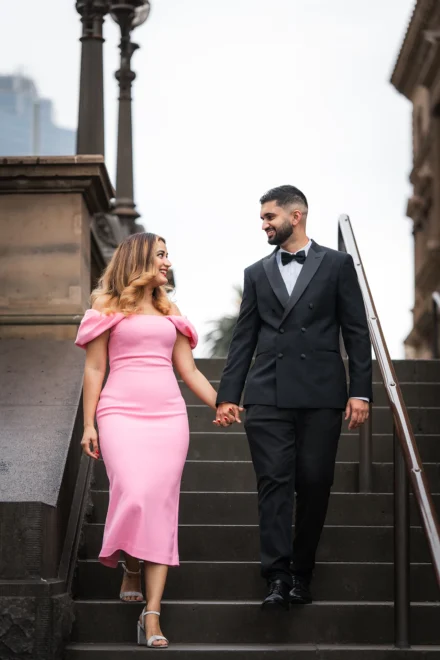 Elegant pre-wedding portrait of an Punjabi couple at Parliament in Melbourne