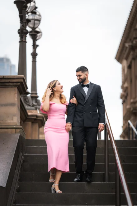 Elegant pre-wedding portrait of an Punjabi couple at Parliament in Melbourne