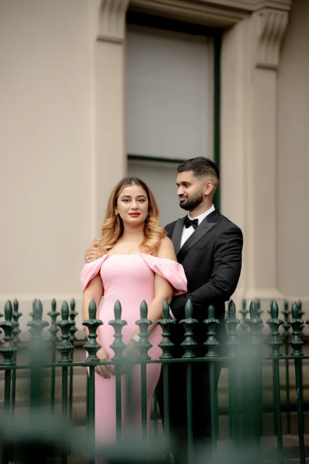 Elegant pre-wedding portrait of an Punjabi couple at Parliament in Melbourne