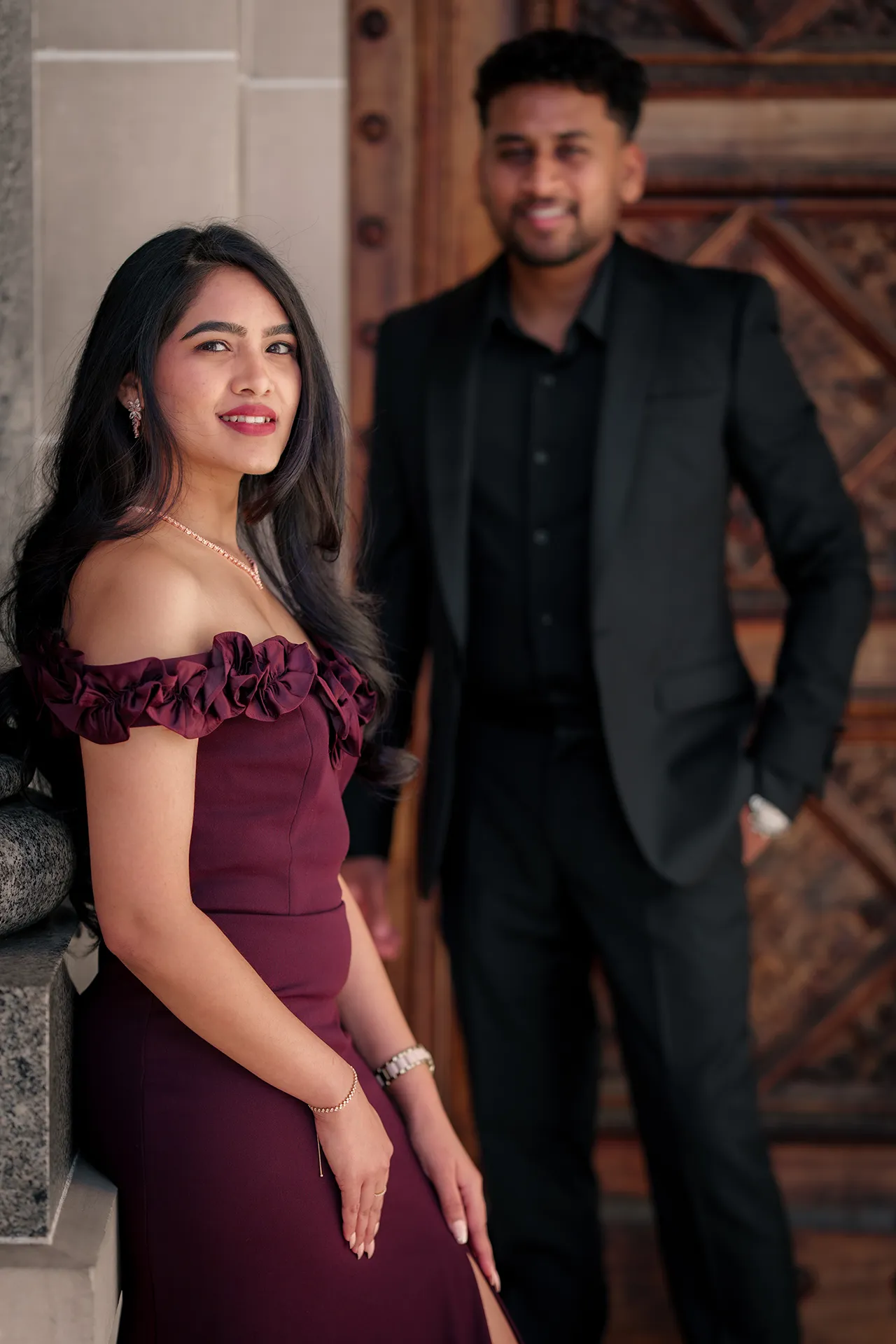 Elegant pre-wedding portrait of an Indian couple at Parliament in Melbourne