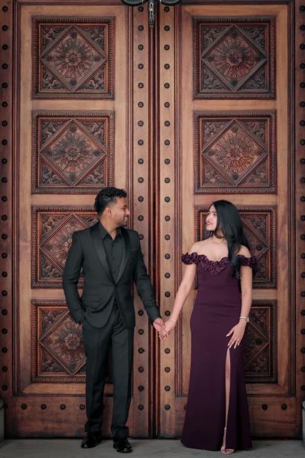 Elegant pre-wedding portrait of an Indian couple at Parliament in Melbourne
